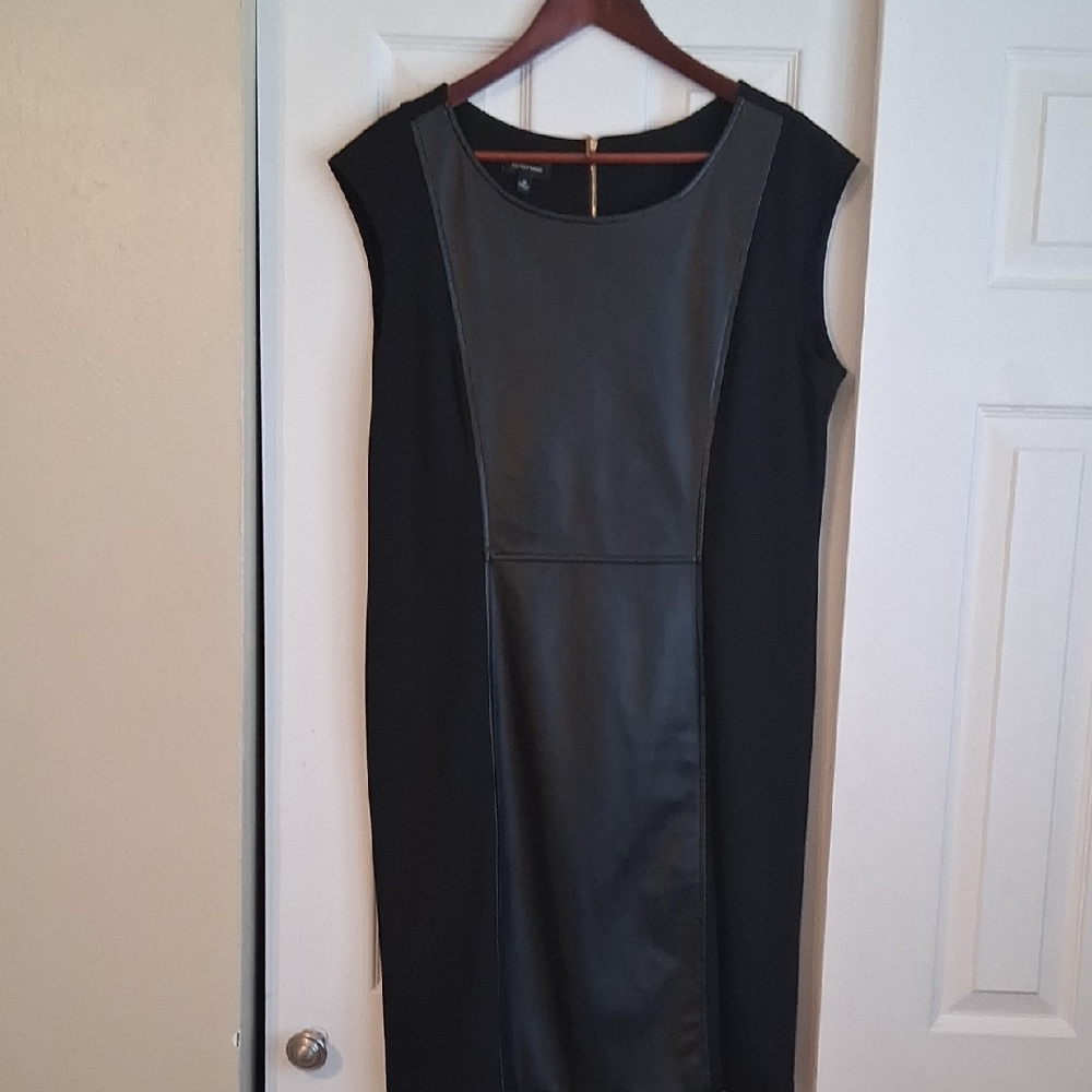 Spense Black Faux Leather Panel Midi Dress
